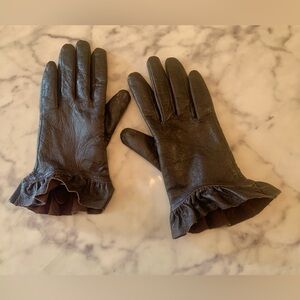 Dark Brown Leather Gloves with Ruffle Cuff, Size Medium, felt soft lining